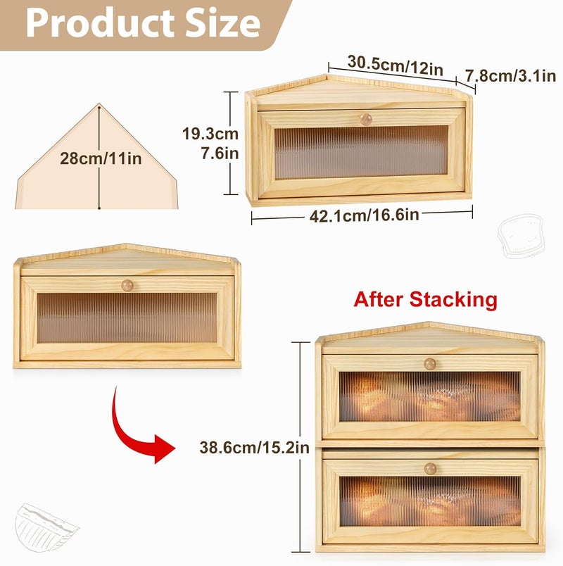 Sunhoo Bread Box for Kitchen Countertop Wooden Corner Breadbox Counter Food Storage Bin Container Farmhouse Rustic Homemade Bread Fresh Keeper Organizer Holder Vintage Stackable with Window (Yellow) - Image 4